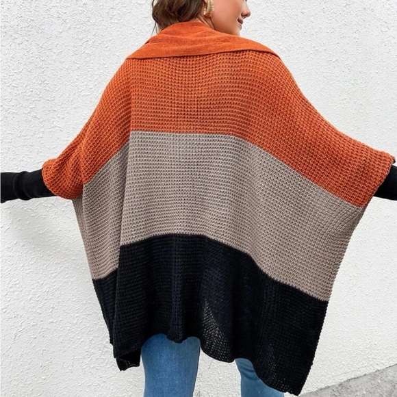 Plus Size Comfy Color block Batwing Open Front Shawl Sweater Cardigan - Picture 2 of 6